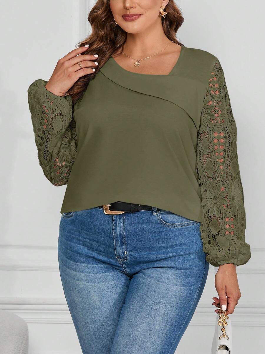 SHEIN Clasi Lace Stitching Plus Size Women'S T-Shirt