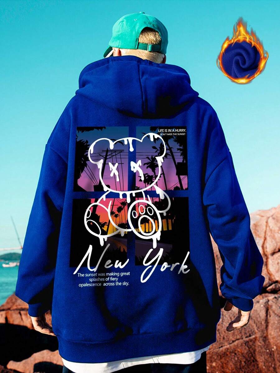 Claim Dot 宽松版型男士连帽衫，带标语和卡通图案，保暖内衬，带口袋和抽绳，男士蓝色连帽衫，男士图案连帽衫，男士街头风连帽衫，熊图案连帽衫，秋冬 - 寶藍色 - 查看 1