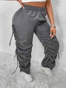 Flirla Women's Plus Size Elastic Waist Tie Detail Casual Pants Fall Cloth For Women