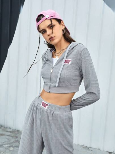 Streetz SHEIN Sport Women's Spring & Summer Hooded Drawstring Crop Top Hoodie And Sweatpants Sportswear Set Grey Teen Girls Setsretro Outfit For Women