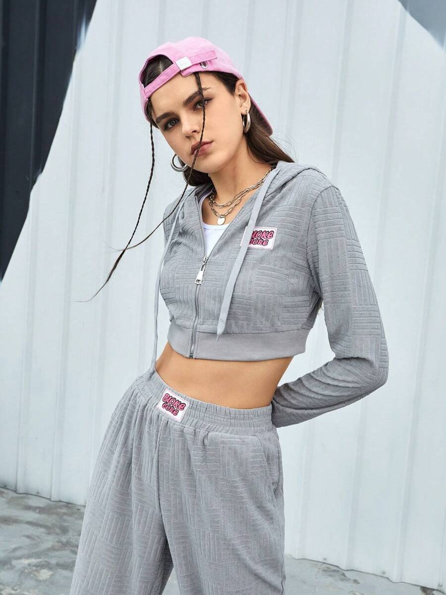 SHEIN Sports Women's Spring & Summer Hooded Drawstring Crop Top Hoodie And Sweatpants Sportswear Set Grey Teen Girls Setsretro Outfit For Women