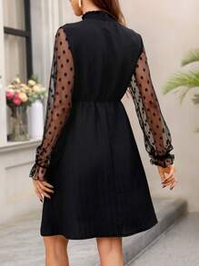 SHEIN Clasi 女式圆点网眼撞色立领连衣裙 - 黑色 - 查看 2