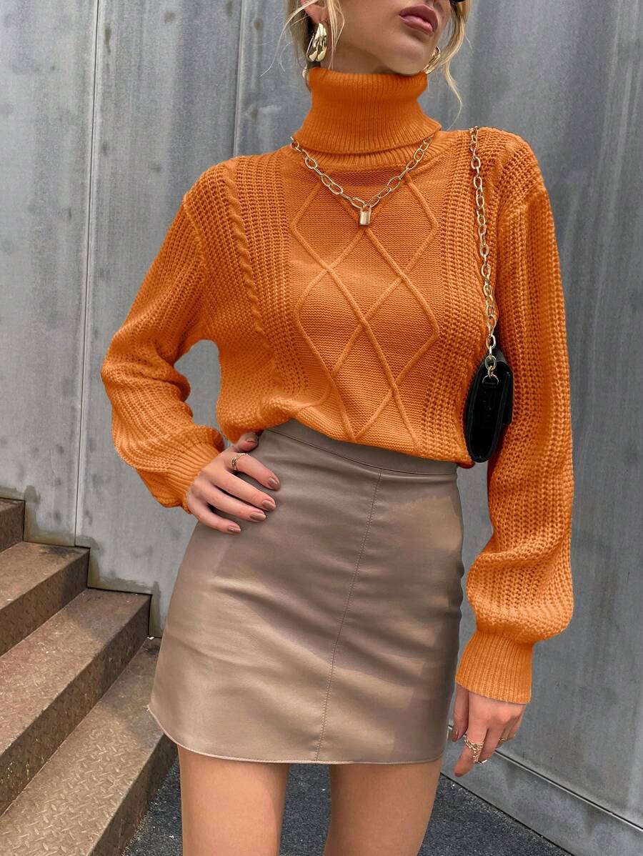 SHEIN Privé 高領長袖毛衣 - 橘色 - 查看 1