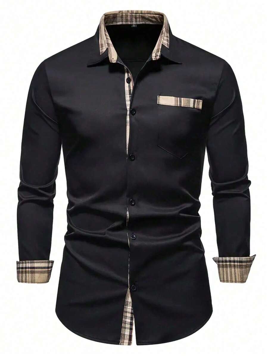 Camisa casual de retazos para hombres de talla grande - Negro - Ver 1