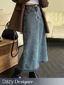 Dazy Designer Long A-Line Denim Skirt Jeans Skirt - Blue - View 1