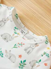 SHEIN 女宝宝针织兔子图案短袖上衣和裤子家居服 - 彩色 - 查看 5