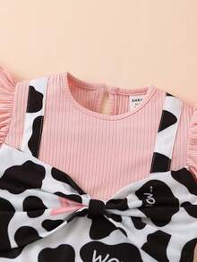 女嬰牛印花星星和字母印花拼接連身褲,荷葉邊底邊 - 粉色 - 查看 5