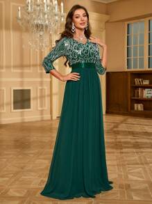 UNITHORSE Đầm dự tiệc bằng vải chiffon chắp vá sequin dành cho nữ - Màu xanh lá cây đậm - Xem 9