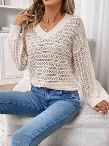 SHEIN Frenchy 女款 V 領鏤空落肩長袖毛衣 - 杏色 - 查看 3