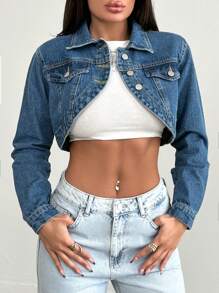 EURMUSE Women's Ultra Short Asymmetrical Hem Denim Jacket - Blue - View 3