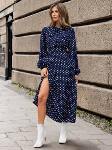 SHEIN Clasi 女士波點連身裙,有綁帶領和燈籠袖 - 彩色 - 查看 4
