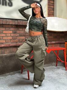 SHEIN EZwear Camouflage Knitted Ladies Top With Rhinestone Decor - Multicolor - View 3