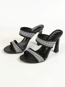 女士時尚高跟涼鞋,黑白編織面料,雙帶和腳趾帶設計,圓頭,細高跟,極簡風拖鞋 - 黑與白 - 查看 7