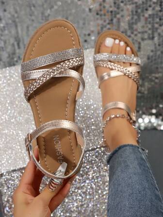Handwoven Rhinestone Strap Comfortable Flat Sandals For Women, Trade Item