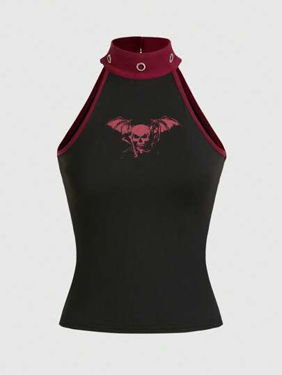 Women's Gothic Skull Pattern Printed Slim Fit Sleeveless Tank Top For Summer, School