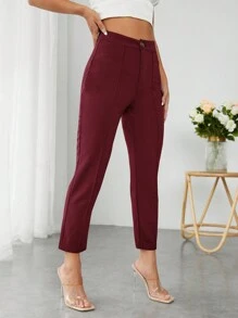 SHEIN PETITE 純色高腰長褲 - 酒紅色 - 查看 4