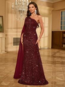 One Shoulder Chiffon Evening Dress With Draped Sleeve And Sequin Detail - Burgundy - View 6