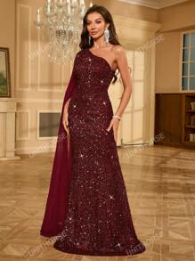 One Shoulder Chiffon Evening Dress With Draped Sleeve And Sequin Detail