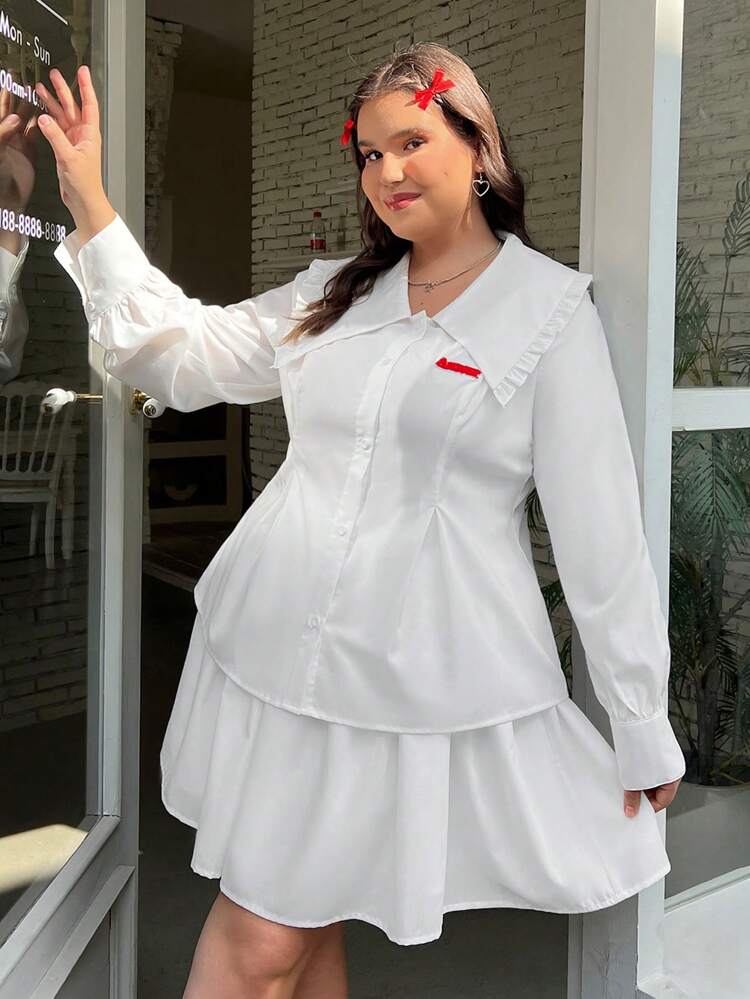 Women'S Plus Size Patched Detail Shirt & Skirt Set With Button Detail