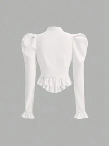 SHEIN MOD Của phụ nữ Màu thuần Chân của tay áo cừu Đứng cổ áo Xù Hoa Sen Áo sơ mi - trắng - Xem 2