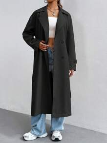 SHEIN Unity 女性翻領雙排扣風衣 - 黑色 - 查看 3