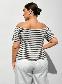 SHEIN Essnce Plus Size Women's Spring And Summer New Fashion Casual Vacation One-Shoulder Striped Short-Sleeved Tight T-Shirt