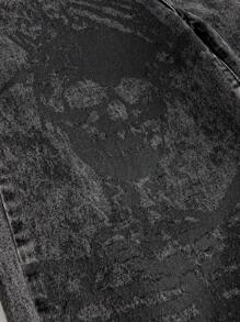 ROMWE Grunge Punk 女士骷髅印花阔腿牛仔裤，男生款牛仔裤 - 深灰色 - 查看 4