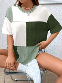 SHEIN Unity Colourblock Drop Shoulder Tee - Dark Green - View 3