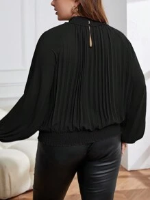 SHEIN Privé Women'S Plus Size Solid Color Round Neck Lantern Sleeve Blouse - Black - View 2