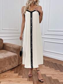 SHEIN Clasi Women's Sequin Patchwork Spaghetti Strap Dress - Apricot - View 4