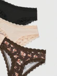 ROMWE 3入組蕾絲修飾的肋針三角褲