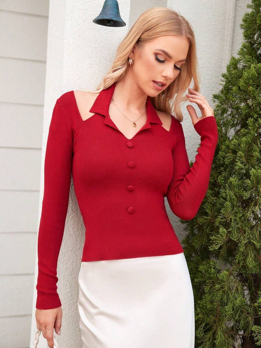 Suéter De Punto De Ajuste Delgado Diseñado Para Mujeres - Rojo - Ver 1