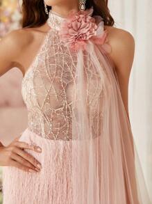 SHEIN Belle Vestido De Noche Decorado Con Flores 3d Y Lentejuelas, Encaje Y Detalles De Piel Con Estilo Pesado - Rosa - Ver 9