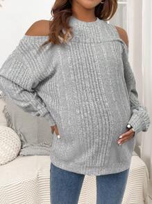 SHEIN 孕妇露肩罗纹运动衫，适合冬季 - 灰色 - 查看 1
