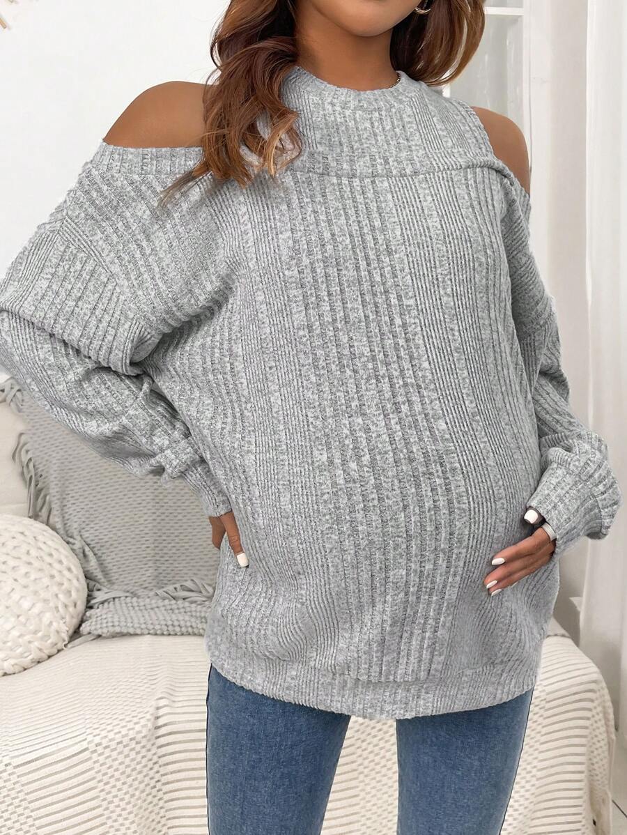 SHEIN 孕妇露肩罗纹运动衫，适合冬季 - 灰色 - 查看 1