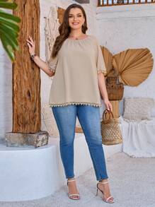 EMERY ROSE Rozmiar Plus Damski Sznurówka Patchwork Rękkaw Raglanowy Bluzki