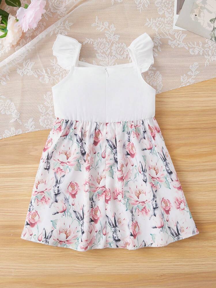 Baby Girls' Cute Rabbit & Flower Printed Flutter Sleeve Dress