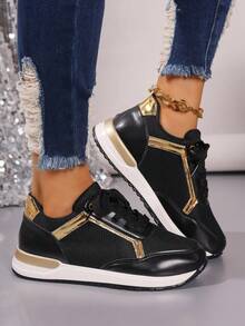 Ladies' Lace-Up Solid Color Flat Casual Shoes With Patchwork Design - Black - View 1