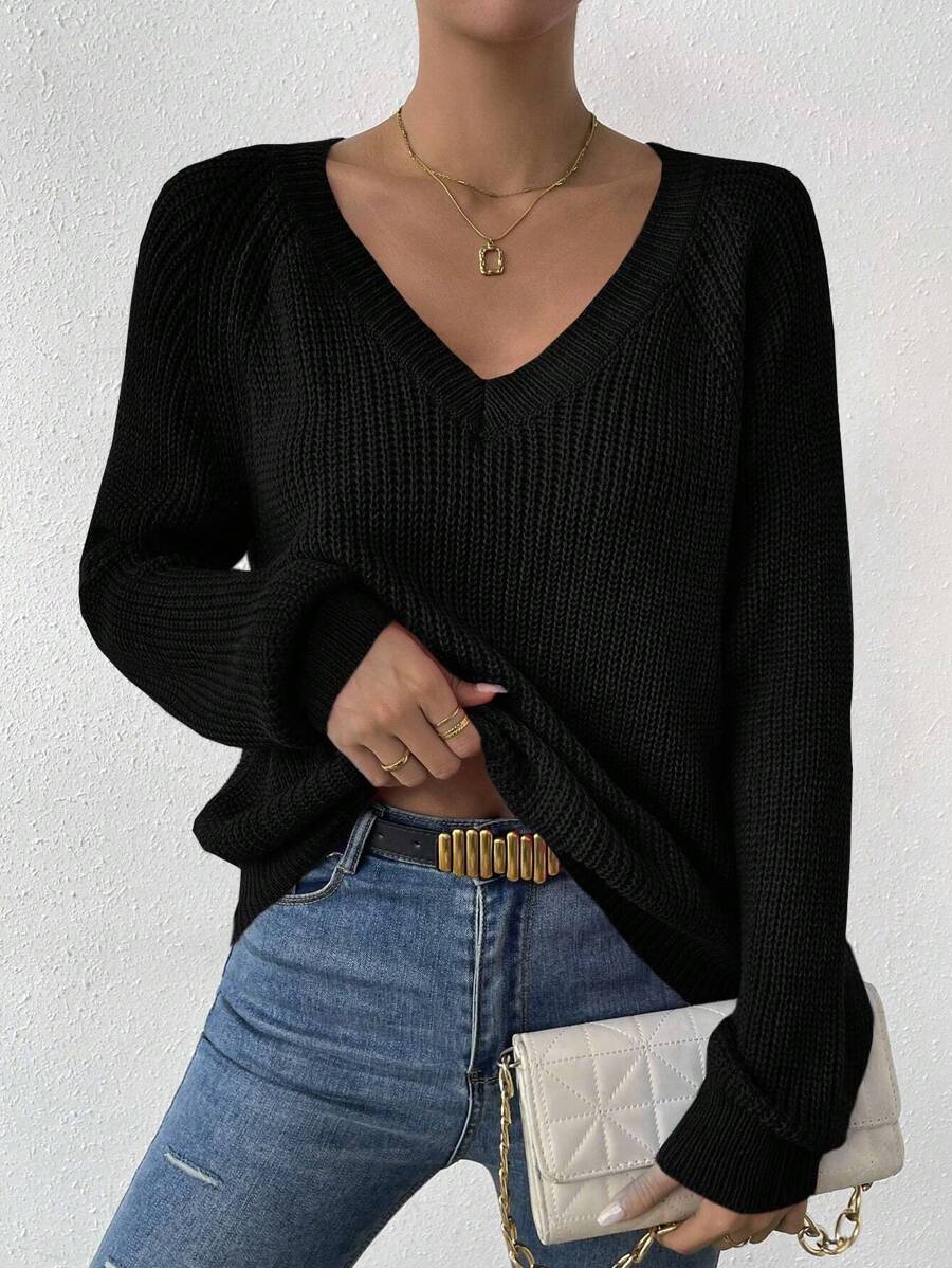 EMERY ROSE V Neck Raglan Sleeve Ribbed Knit Sweater,Long Sleeve Tops Knit Pullover Fall Winter Sweater - Black - View 1