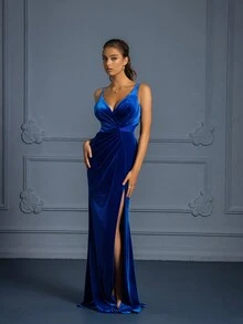 Sexy Blue Velvet Halter Neck Dress With High Slit And Open Back, Suitable For Parties, Banquets, Birthdays And Other Occasions - Royal Blue - View 5