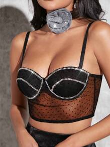 SHEIN Haute Pha lê Cắt tỉa Chấm Lưới Áo lót - màu đen - Xem 3