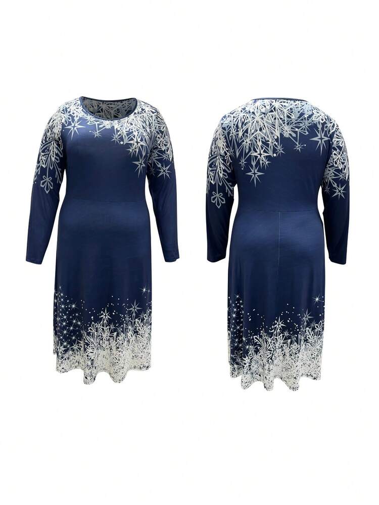 Plus Size Printed Patchwork Round Neck Dress