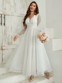 SHEIN Belle Của phụ nữ Tay áo dài mỏng Cô dâu - trắng - Xem 3