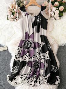 SHEIN LUNE 大尺碼花卉印花露肩拼布連身裙 - 彩色 - 查看 5