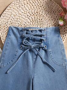 Pantalones De Mezclilla Con Correas Cruzadas De Color Sólido Para Chicas Preadolescentes - Lavado ligero - Ver 3