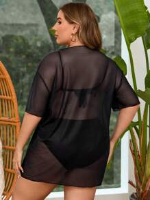 Swim Lushoire 大尺碼女士椰樹圖案網紗罩衫,掉肩袖式 - 黑色 - 查看 2