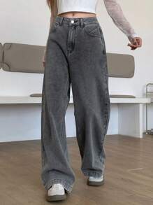 DAZY 水洗阔腿牛仔裤、宽松牛仔裤、返校服 - 淺灰色 - 查看 4