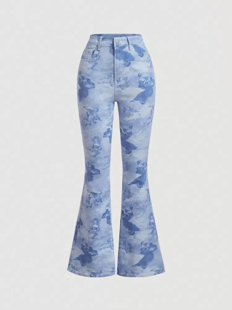 Jeans With Character Print Flared Hem