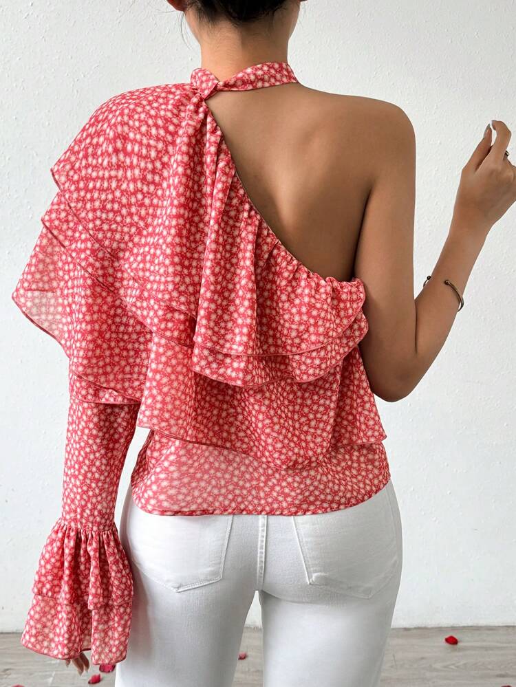 Women's One-Shoulder Floral Print Blouse With Ruffle Trim
