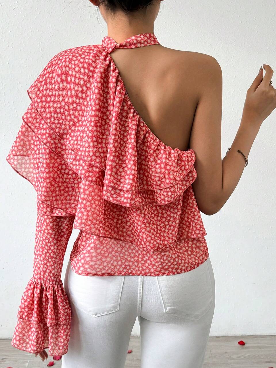 Women's One-Shoulder Floral Print Blouse With Ruffle Trim